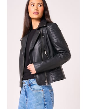 BARNEYS ORIGINALS Ribbed Asymmetric Real Leather Jacket